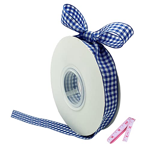Blue and White Gingham Ribbon, 5/8" x 25Yd Roll Picnic Craft Ribbon Buffalo Ribbons for Crafts Hair Accessories Craft and Christmas Gift Wrapping,5/8 Inch Polyester Woven Edge +60" Tape Meas...