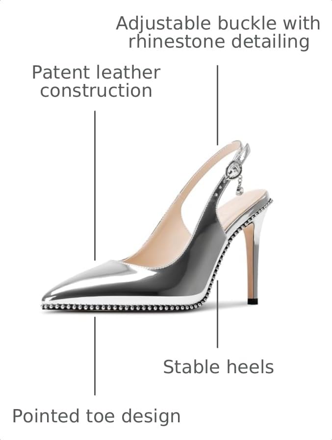 Image of NobleOnly Slingback Beaded Pumps for Women High Stiletto Heel Pointed Toe Slip-on Dress Sandals Adjustable Buckle Rhinestone Patent Leather 3.9 Inches Heels