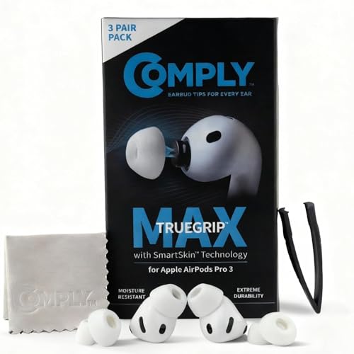 Image of Comply TrueGrip MAX | Premium Memory Foam Replacement Earbud Tips for Apple AirPods Pro Gen 3 | Long Lasting Comfort, MAX Durability, Secure Fit, Superior Noise Isolation| White (S /M /L) (3 Pairs)
