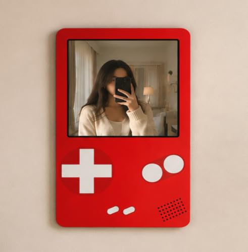 Image of AD INFINITUM Multilayer Wooden Wall Art With Mirror Hanging Decor for Contemporary Home, Bedroom, Living Room, Office etc., (Gameboy RED)