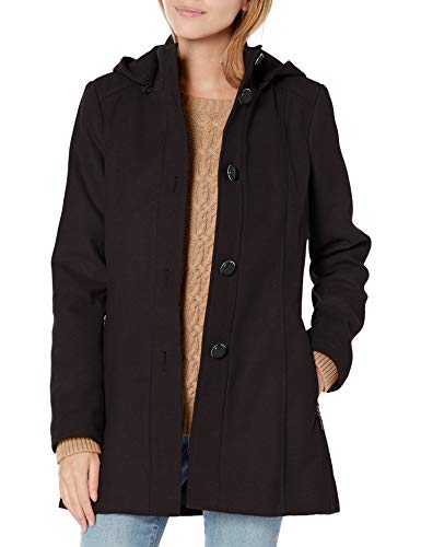 kensie Women's Button Up Wool Jacket with Knit Collar and Fully Removable Hood, Black, M