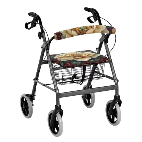 Estailounic White Flower Walker Seat Cover - Super Soft Pad with Elastic Edge, Wear-Resistant Rollator Accessories Kit for Indoor Outdoor Use, Gift for Seniors Family