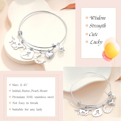 Image of C-leen Horse Gifts for Women Girls Kids, 14K White Gold Plated Horse Charm Bracelet Dainty Expandable Heart Initial Bangle Bracelets Birthday Gifts for Women Girls Jewelry
