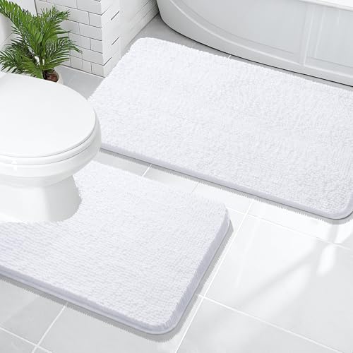 Image of OLANLY Bathroom Rugs Sets 2 Piece, Soft Absorbent Chenille Bath Mats and U-Shaped Contour Toilet Mat Area Rug Set, Machine Washable Bath Carpet, Home Decor Accessories(47 inchx20 inch+24 inchx20 inch, White)