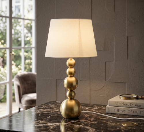 Image of Gold Metal Ball Table Lamp with Neutral Linen Shade - 5-Tier Spherical Base Design - Premium Brass Finish Accent Light for Modern Home Interiors & Bedside Tables