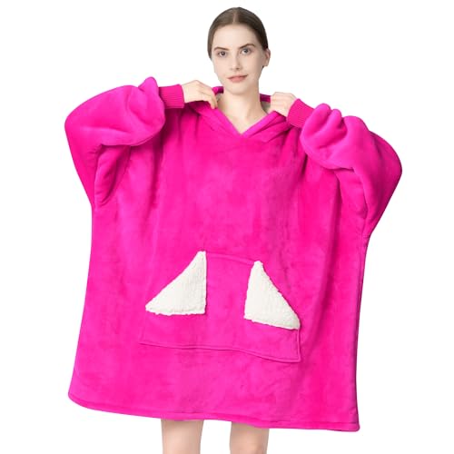 Touchat Wearable Blanket Hoodie, Oversized Sherpa Fleece Sweatshirt Blanket with Giant Hood Pocket and Sleeves for Adult, Warm & Cozy Blanket Gifts for Women (Neon Pink)