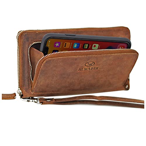 ALMADIH RFID Damen Portemonnaie Avery Premium Rindsleder BV - 12 Kartenfächer, Handyfach, Metall-Reißverschluss mit Geschenkbox - Leder Langbörse Geldbörse Brieftasche Börse braun P28 (Avery Vintage) Cover