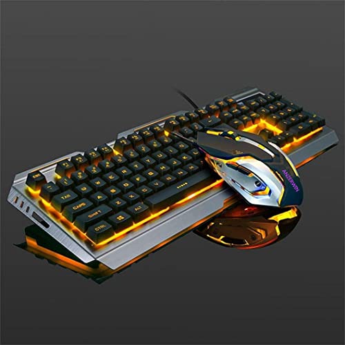 Gaming Keyboard Orange Backlit and Rainbow Mouse Combo,Color Change LED Backlight Computer Gaming Keyboad,Lighted PC Gaming Mouse,USB Keyboard Raised Key,Silver Metal,for Xbox One PS4 Gamer Working