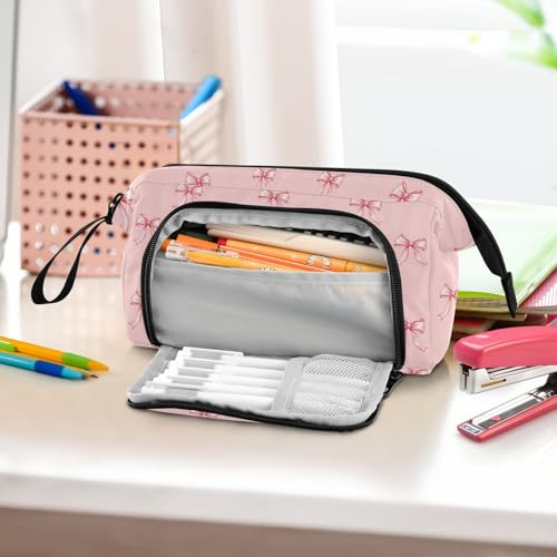 Image of Ribbon Bow Pink Pencil Case Pouch Big Capacity Pencil Bag Box Organizer Pen Case with Compartmens Stationery Organizer for Girls School College