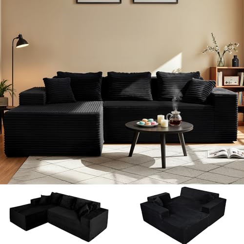 Claiks 104' Boneless Couch, Cloud Couch Sectional, L-Shape Corduroy Modular Sectional Sofa Deep Seat, Upholstered Couches for Living Room, No Assembly Required, Black, Left Facing Chaise