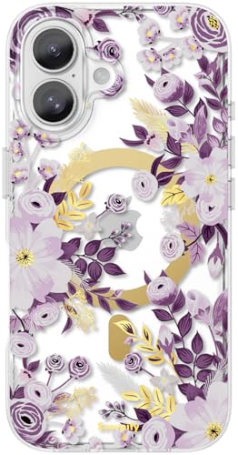 Coque magnétique iPhone 16 anti-choc et fine, compatible MagSafe avec fleurs violettes