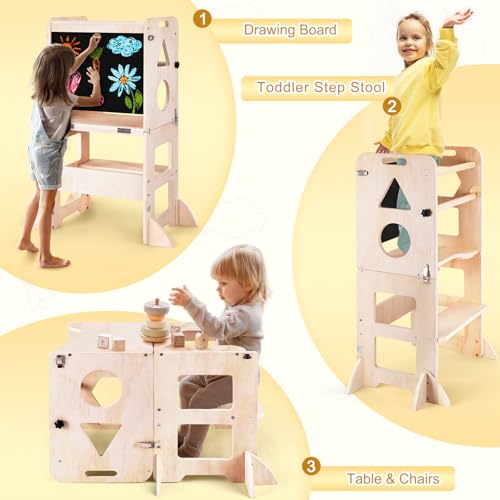 Image of Woodure 3-in-1 Toddler Kitchen Step Stool, Foldable Learning Standing Tower with Blackboard, Wooden Kitchen Stool Helper for Kids