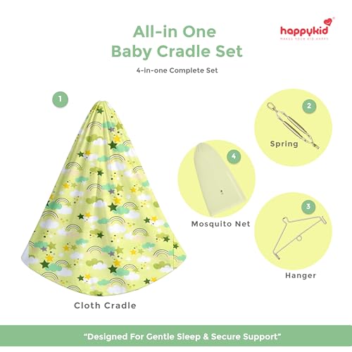Image of Happykid Baby Cradle Set | Durable Cotton Cloth, Mosquito Net, Spring, Hanger Jhoola (Green)
