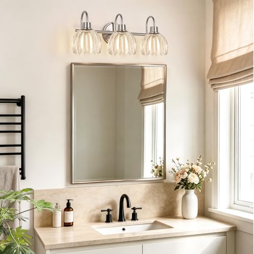 Image of 3-Light Bathroom Light Fixtures, 20 inch Vanity Light Over Mirror with Ribbed Clear Tulip Glass Shades, Brushed Nickel Wall Lights for Bathroom, Bedroom, Living Room, Hallway (Bulb Not Included)