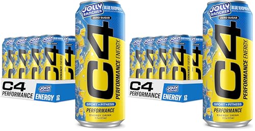 C4 Performance Energy Drink - JOLLY RANCHER Blue Raspberry - Zero Sugar Carbonated Preworkout Energy - 200mg Caffeine with Beta Alanine - 16 Fl Oz (24 Pack)