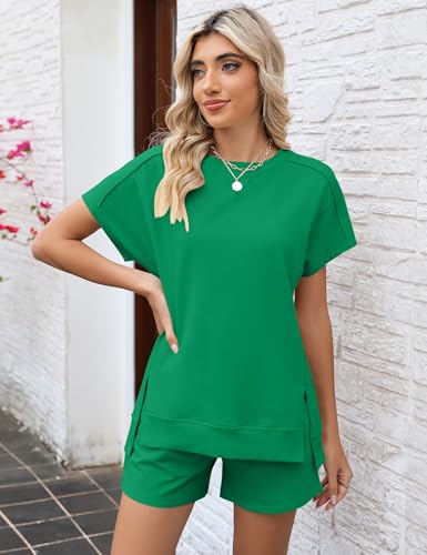 Image of LOMON Womens Fashion 2 Piece Outfits Sweatsuits 2026 Summer Short Sleeve Loungewear Tracksuit Round Neck Lounge Shorts Sets