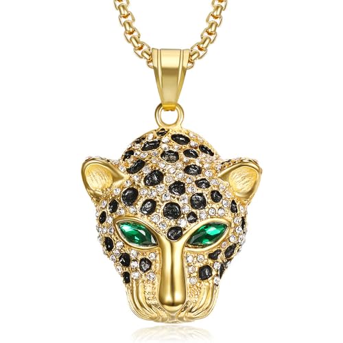 Kawailay Leopardenkopf Halskette Strass Leopard Kopf Anhänger Kette Rock Punk Hip Hop Goldkette Rapper Biker Cooles Halskette für Männer Frauen - Grüne Augen