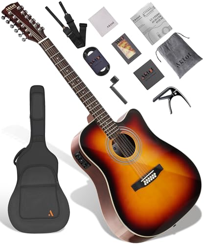 AKLOT 12-String Acoustic Electric Guitar: Mahogany Back and Sides with Spruce Top 41-inch Cutaway Body Built-in Pickup; Deluxe Set Includes Guitar Bag Tuner Cable Capo Strings & Picks (PL-SG)