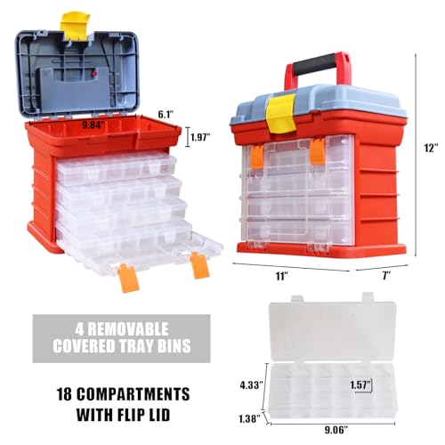 TCE AG2154CU Torin Fishing Tackle Box: Portable Storage Tool Box with 4 Drawers and 19 Compartments Each for Hardware, Fish Tackle, Beads and more, Red