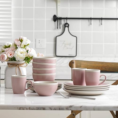 Image of Stone Lain 16-Piece Stoneware Dinnerware, 2-Tone, Speckles, Pink and Cream, 16 Piece Set