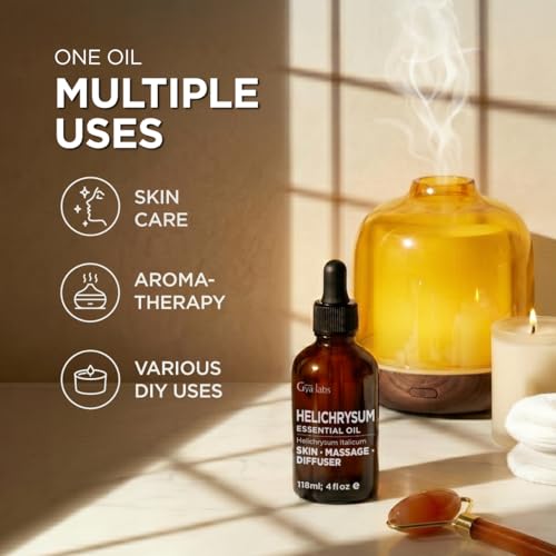 Image of 100% Pure Helichrysum Essential Oil for Skin & Diffuser - 4 Fl Oz | Helichrysum Oil for Body Massage, Gentle Floral Aroma for Renewal, Aromatherapy Grade Oil - Gya Labs