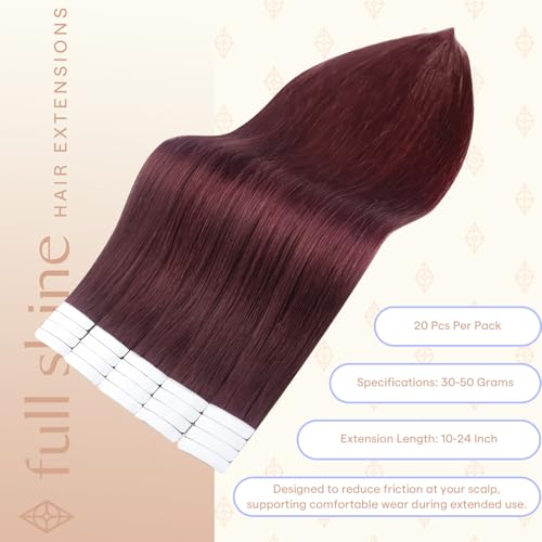Image of Full Shine Tape Ins Human Hair Extensions, Mulberry Wine 24 Inch | 50g 20PCS, Brazilian Invisible Remy Tape in Extensions Human Hair Seamless Skin Weft Aesthetic Appeal for Wedding