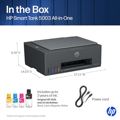 Image of HP Smart Tank 5003 Wireless All-in-One Ink Tank Printer, Scanner, Copier with up to 3 Years of Ink Included, Best-for-Home, Cartridge-Free Refillable, AI-Capable (D06BKA)