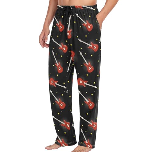 Men's Pajama Bottoms Music Red Bass Guitars Mens Pajama Pants Black Gold Stars Cotton Pj Bottoms Sleepwear Lounge Pants XL 5