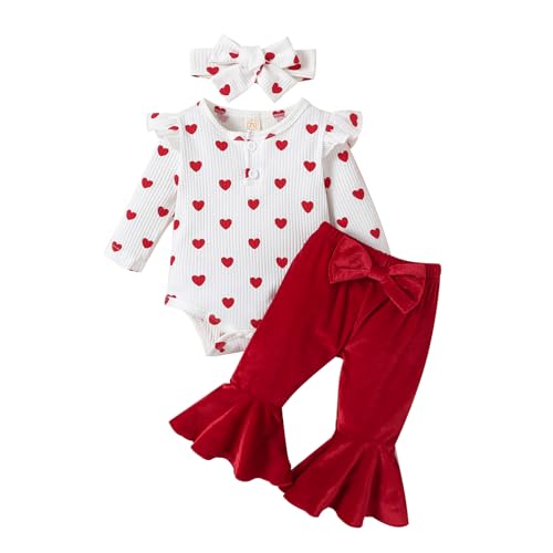 Image of My First Valentine's Day Outfits Newborn Baby Girl Outfits Long Sleeve Ribbed Romper Heart Flare Pants Headband 3Pcs(Valentine-1,3-6 Months)