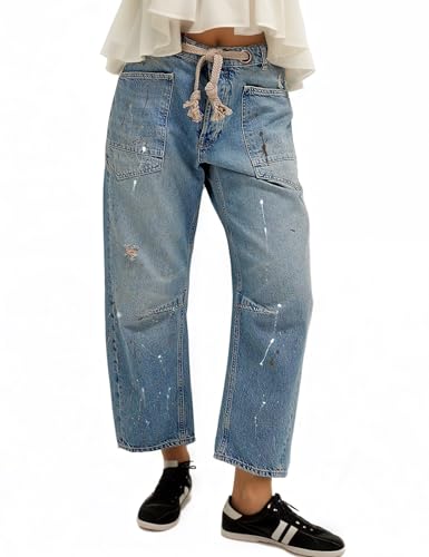 Mewunan Pull On Barrel Baggy Boyfriend Jeans Drawstring Elastic Waist Stretchy, Low Rise Leg Denim Pants Union Blue
