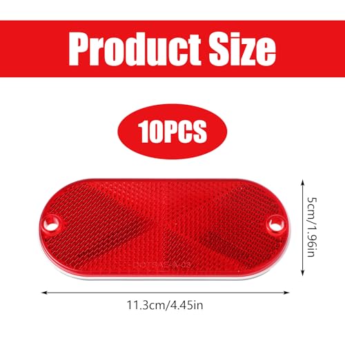 Image of 10 Pcs Front Reflector Oval Reflector with Mounting Hole, Driveway Trailer Reflectors with 20 Screws, Safety Reflectors for Fence, Gate, Posts, Garage, Car, Tunnels, Mailbox (Red, 4.45 inch * 1.96 inch)