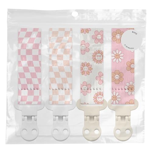 Image of Stadela Baby Pacifier Clip Holder - Girl 4 Pack Gift Set - Retro Checker Smiley Flowers Floral Pink Beige Yellow