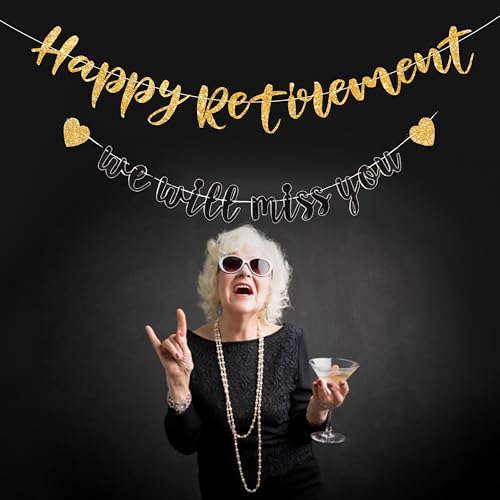 Image of Pre-strung Happy Retirement & We will miss you Banner, Pre-strung on 8 ft Strand Black Gold Glitter Retirement Party Decorations Sign, Going Away Party Farewell Party Supplies and Gifts for Coworker, Men Women