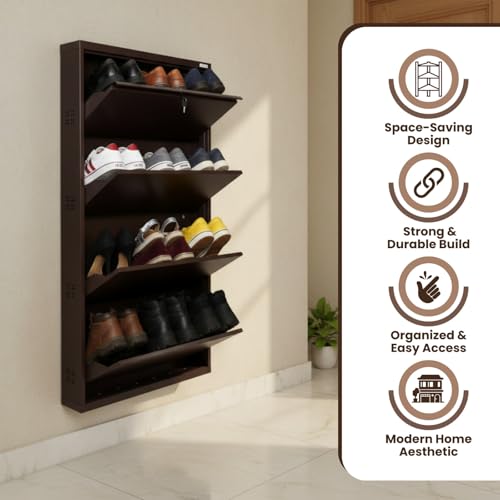 Image of TUFFERONE Shoe Rack 4 Door 3 Pair Metal Organizer Cabinet, Brown | Powder Coated, Durable, 147.2x73x14 cm