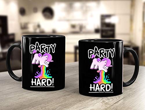 MoonWorks® Taza de café con texto en alemán "Party Hard kotzendes Einhorn Feiern Saufen" taza de café divertida taza de cerámica negra - Imagen 4
