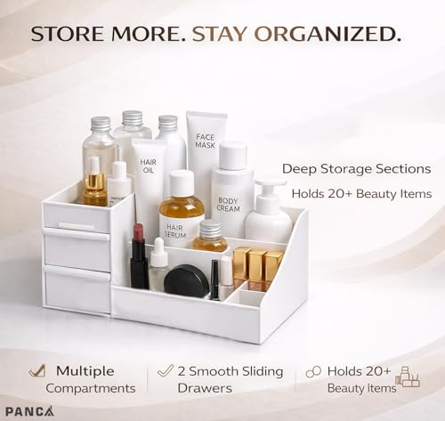 Image of PANCA Makeup Organizer Storage Box with Drawers | Large Capacity Cosmetic & Jewellery Organiser for Dressing Table, Bathroom & Bedroom | Vanity Skincare, Lipstick & Brush Holder