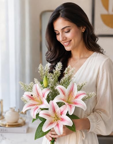 Image of Divyakosh Artificial Flowers Bunch (Vase Not Included). Artificial Flower for Vase Flower Bouquet Gift Pink Lily Arrangement for Living Room Dining Table Office Decor