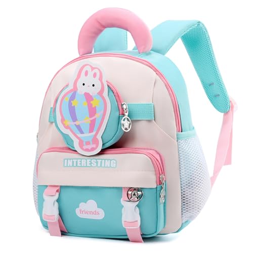 Toddler Backpack for Girls Preschool Kindergarten Backpack age 3-4 12in mini Cute Kids Bags with Detachable Waist Bag, Pink and Mint Green