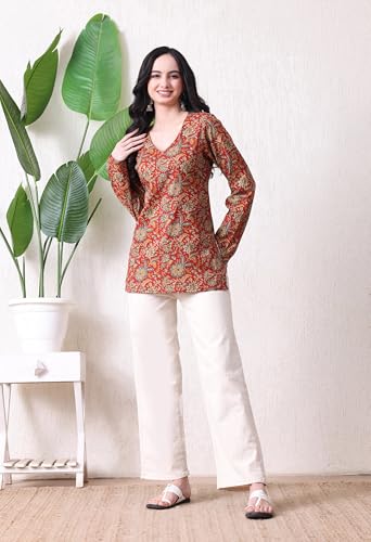 Image of MEERA FAB Women's Floral Printed Cotton Short Kurta | Floral Printed Kurta with Full Sleeves | Short Kurti for Women