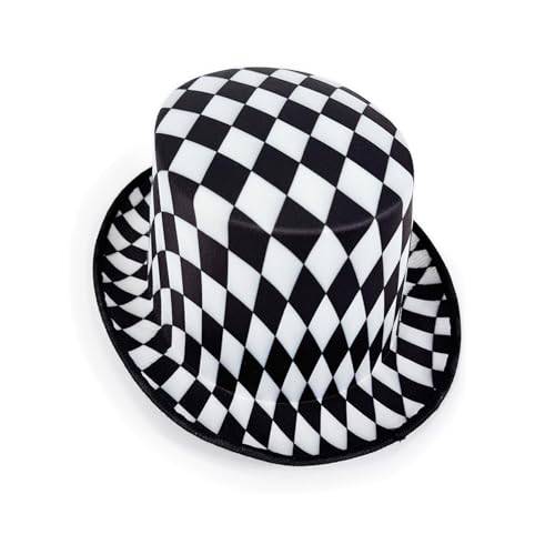 Uqezagpa Vintage Schwarz Weiß Kariert Magier Zylinder Klassische Bühnenauftritte Kostüm Zubehör Schachbrettmuster Hut