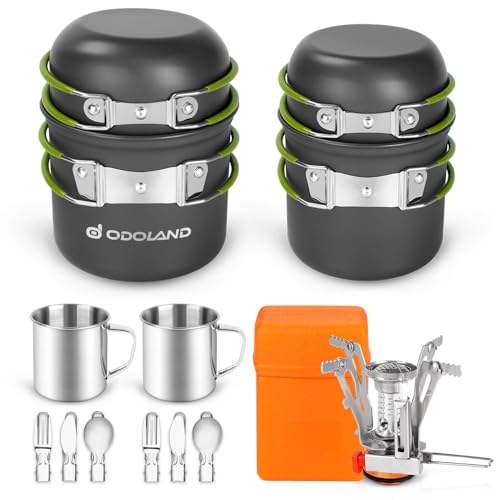Odoland 16pcs Camping Cookware Mess Kit, Lightweight Pot Pan Mini Stove with 2 Cups, Fork Spoon Kits for Backpacking, Outdoor Camping Hiking and Picnic