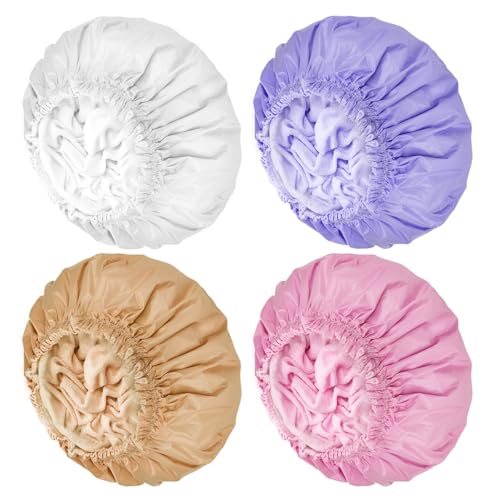Shower Caps for Women 4 PCS Terry Lined Bath Caps Cloth Shower Cap Reusable Waterproof Towel Bathing Shower Caps - White Gold Pink Purple