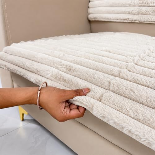 Image of Homerz Premium Rabbit Fur Sofa Cover with Anti-Skid Backing, Soft Plush Fabric Sofa Protector for Living Room Furniture (Beige, 2 Seater, Seat Cover with Backrest)