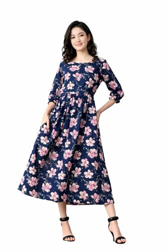 Image of Ichaa Women's Navy Blue Cotton Printed Maternity Dress with Feeding Zips and Pocket, in Plus Sizes