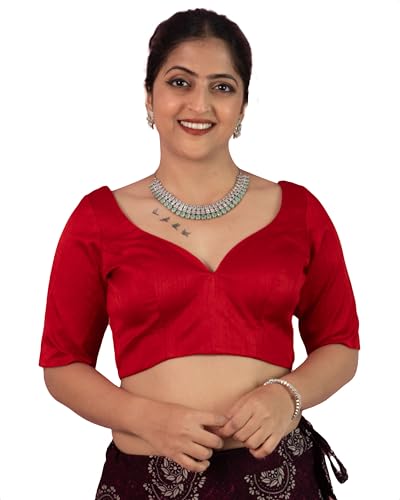 Image of FIGURE'S DESIGNER Women's Dupion Raw Silk Half Elbow Sleeves Sweetheart V Neck Sabyasachi Cut Readymade Saree Blouse S10