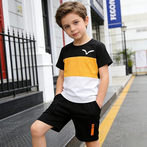 Image of Yoxindax Toddler Kid Boy Clothes Colorblock Letter Graphic Tee Shorts 2PC Summer Outfit Set