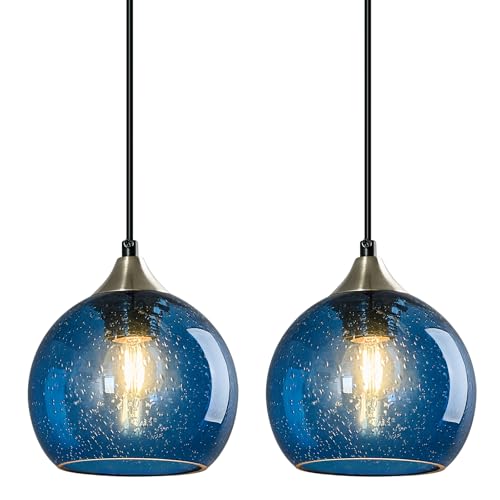 Image of Blue Glass Pendant Lights Kitchen Island Lighting Globe Pendant Light Fixtures Modern Lighting for Kitchen Island Bedroom Living Dining Room (5.9in, 2-Pack)