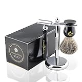 3-piece Shaving Kit for Men, Frank FS shaving Safety Razor Stainless Steel Shaving Stand Pure Badger Hair Brush Set Perfect for Men Gift for Every Day Use