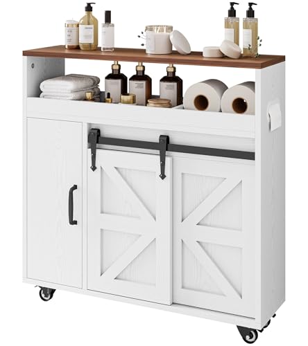 IRONCK Toilet Paper Cabinet, Slim Bathroom Cabinet with 4 Rolling Wheels, Farmhouse Slim Storage Cart with Paper Holes, Sliding Doors and Adjustable Shelf for Small Space, White/Walnut