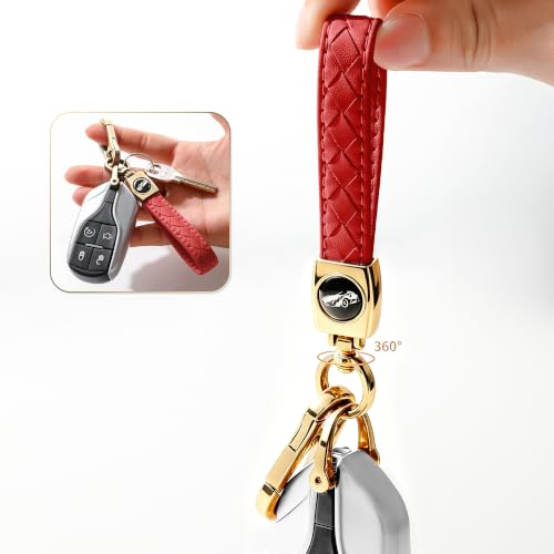 Image of Gkeygo Carabiner Keychain, Universal Heavy Duty Woven Handmade Leather Key Chain, Car Fob Key Keychains with 360 Degree Rotatable Snap Swivel and Anti-Lost D-Ring for Men and Women,Light Gold - Red